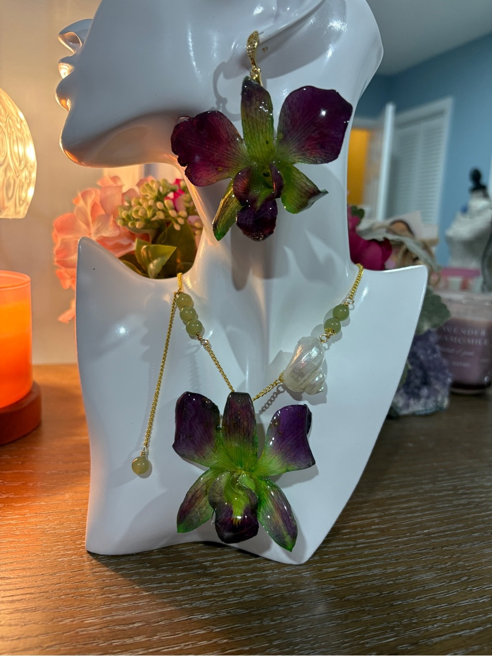 Handcrafted Purple and Green Orchid Necklace and Earring Set